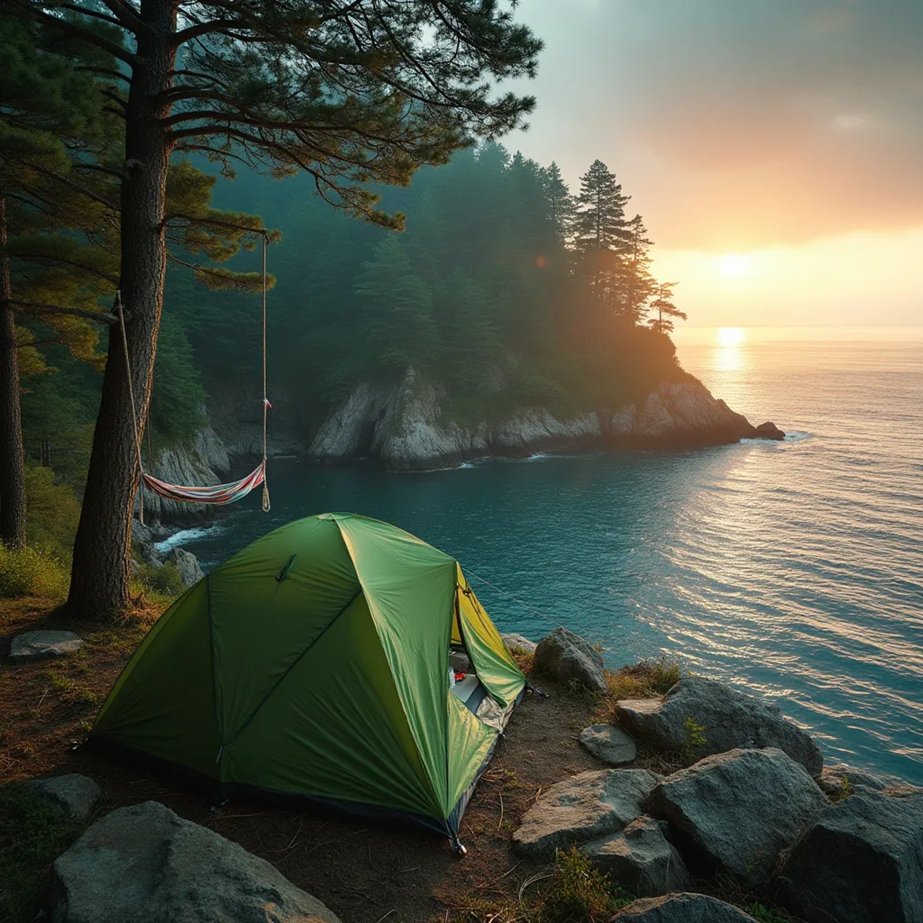 A green tent rests beside a hidden cove, surrounded by large stone slabs and misty forest. A hammock and rope swing hang from sturdy trees nearby. Above, a double rainbow glows in the soft sunset light.
