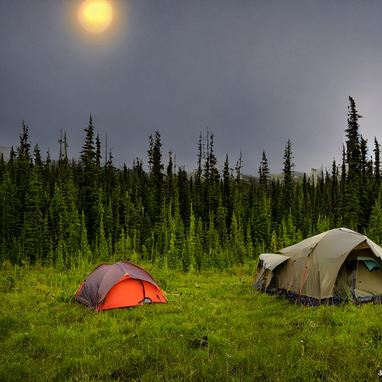 A green tent rests in an open Alaska wilderness camp, surrounded by tall grass and rolling hills. A warm campfire glows on the dirt while stormy clouds gather overhead, with the moon shining in the distance. A box of camping gear sits nearby.