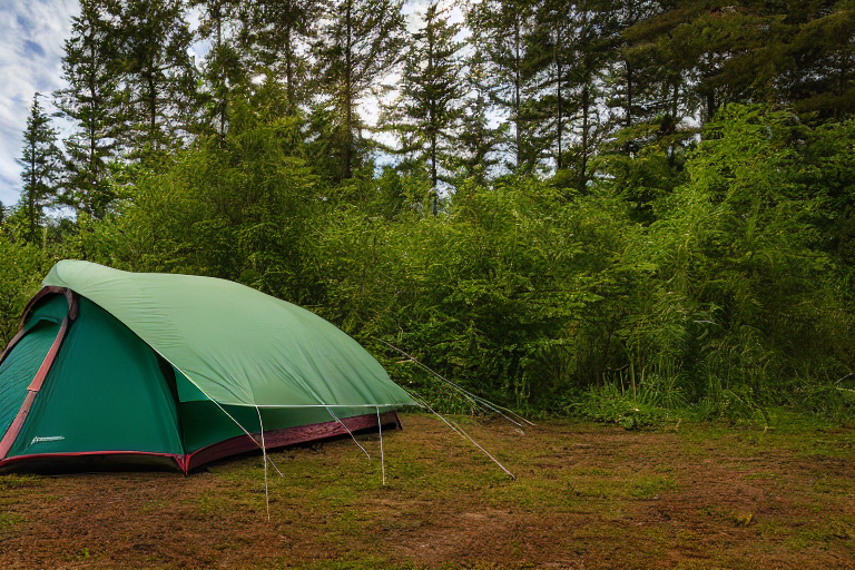 A forest green tent rests on a dirt patch in an overgrown forest. Ferns, rough ground, and a small wooden twig surround the paved campsite. In the distance, a mountain rises beneath a clear sunset sky.