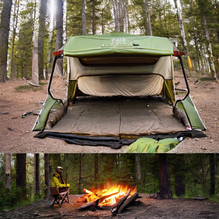 A green and tan Subaru sits beneath a star-filled night sky in a quiet Norwegian campsite. Its rooftop tent glows softly, while a warm campfire lights the dirt and fallen leaves. A large log rests nearby, with a person shining a flashlight in the distance.