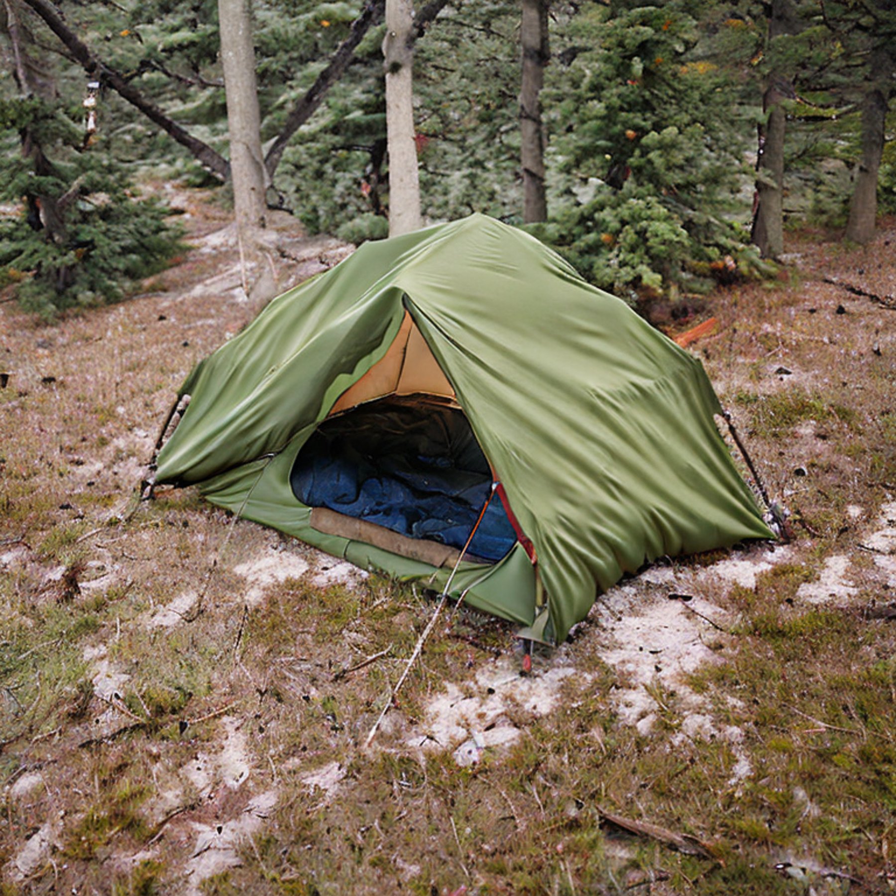 A green two-person tent rests on a dirt clearing beneath tall trees. Snow falls softly over Norway’s rolling hills, while autumn leaves add warm color to the quiet night.