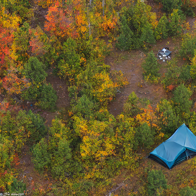 A black tent rests on a quiet paved campsite in North Shore, Minnesota. Rainy dusk settles over bright fall trees and thick bushes, while a picnic table and campfire logs sit around a dirt patch.