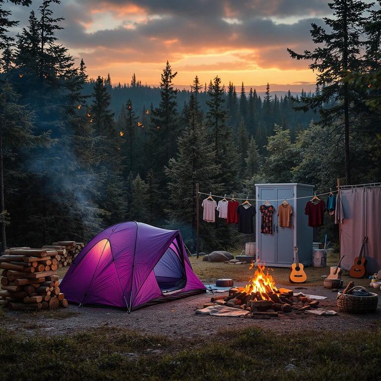 A purple tent rests in a dense forest glowing with warm sunset light. Nearby, a campfire, stacked firewood, hanging clothes, and a small outdoor shower make the campsite feel cozy and lived-in. A wooden guitar lies on the ground as monarch butterflies drift through the partly cloudy sky.
