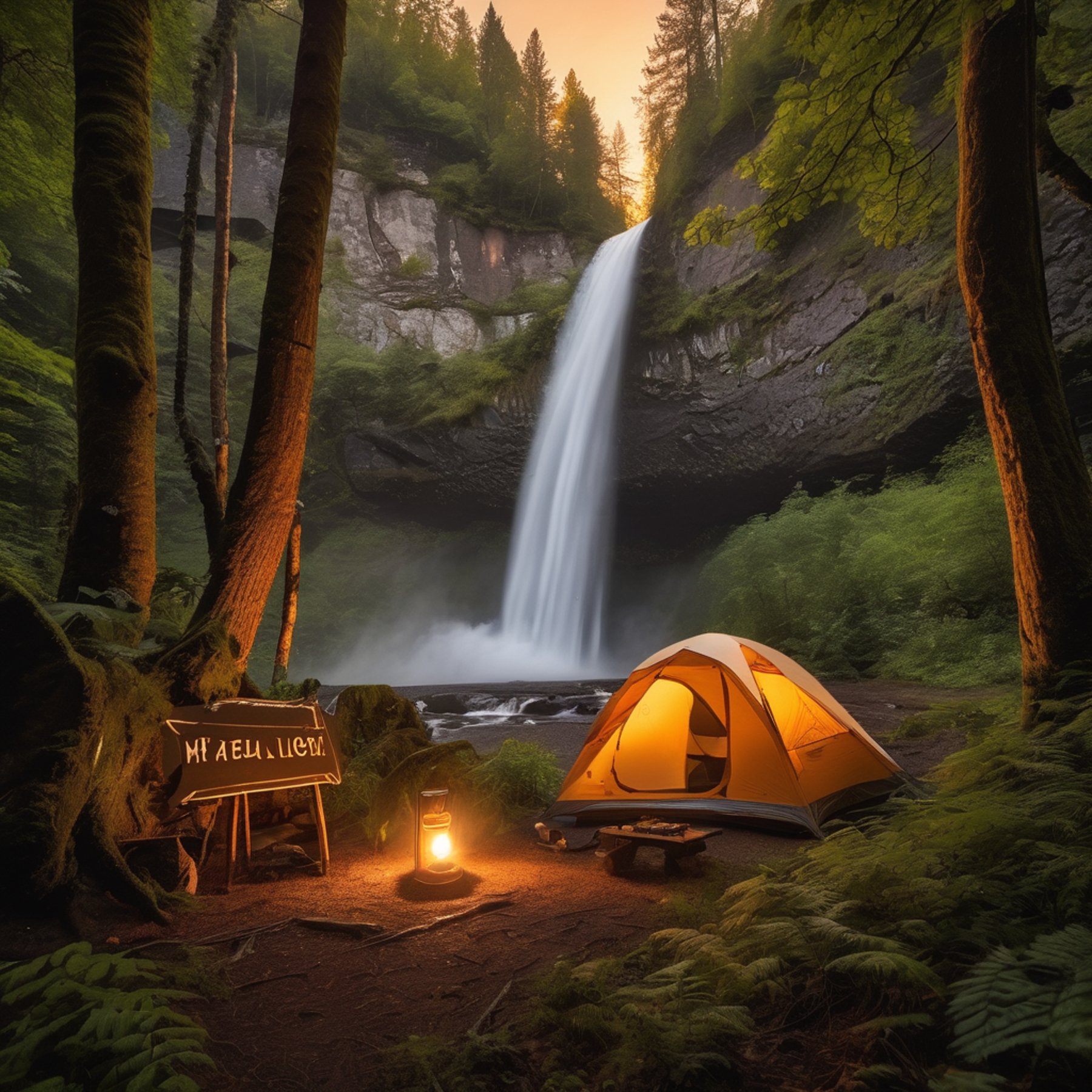 A cozy tent rests in a lush forest beside a picnic table and glowing lantern. A wooden campsite sign marks the spot, while a waterfall tumbles down the cliff nearby. Soft evening light and mist create a peaceful, magical mood.