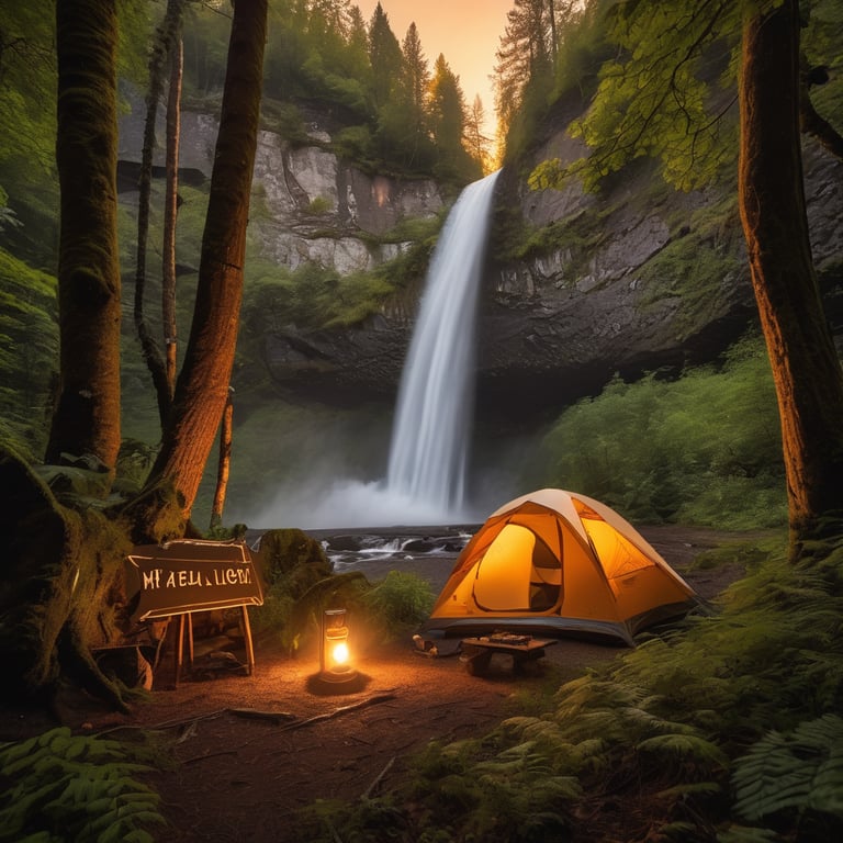 A cozy tent rests in a lush forest beside a picnic table and glowing lantern. A wooden campsite sign marks the spot, while a waterfall tumbles down the cliff nearby. Soft evening light and mist create a peaceful, magical mood.
