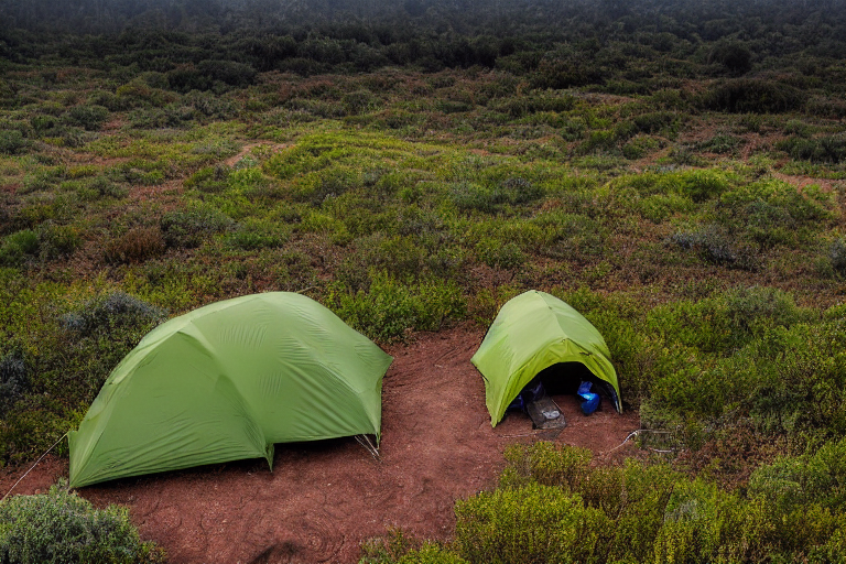 A green tent rests on a paved campsite along the California coast. A dirt path, berry-covered bushes, and an open parking spot surround the camp. Stormy dusk clouds fill the sky, creating a wild and peaceful mood.