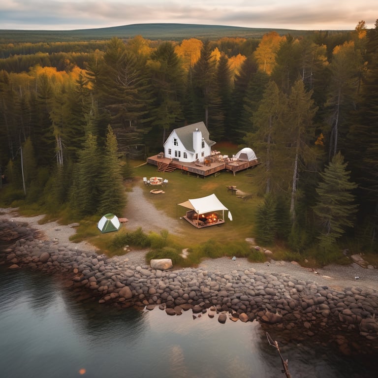 A white cabin rests by the misty coast of Maine. Nearby, a stone-ringed campfire, picnic table, lantern, and wooden campsite sign create a cozy welcome. The quiet scene glows in the soft light of early morning.