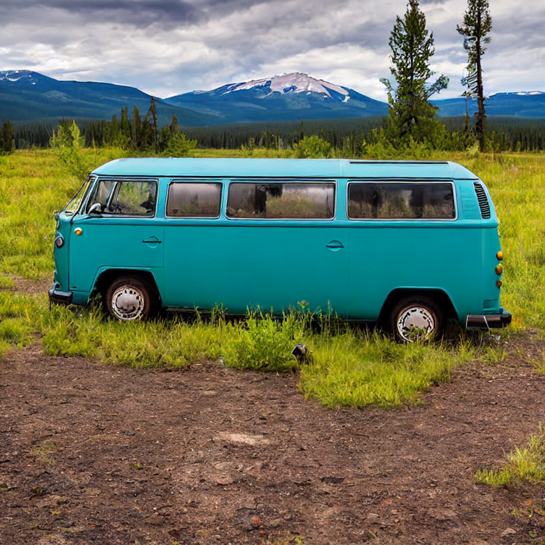 A teal campervan rests on a quiet campsite beneath a star-filled sky. Rolling hills, leafy ground, and large bushes surround the dirt clearing, while the moon glows through the clouds.