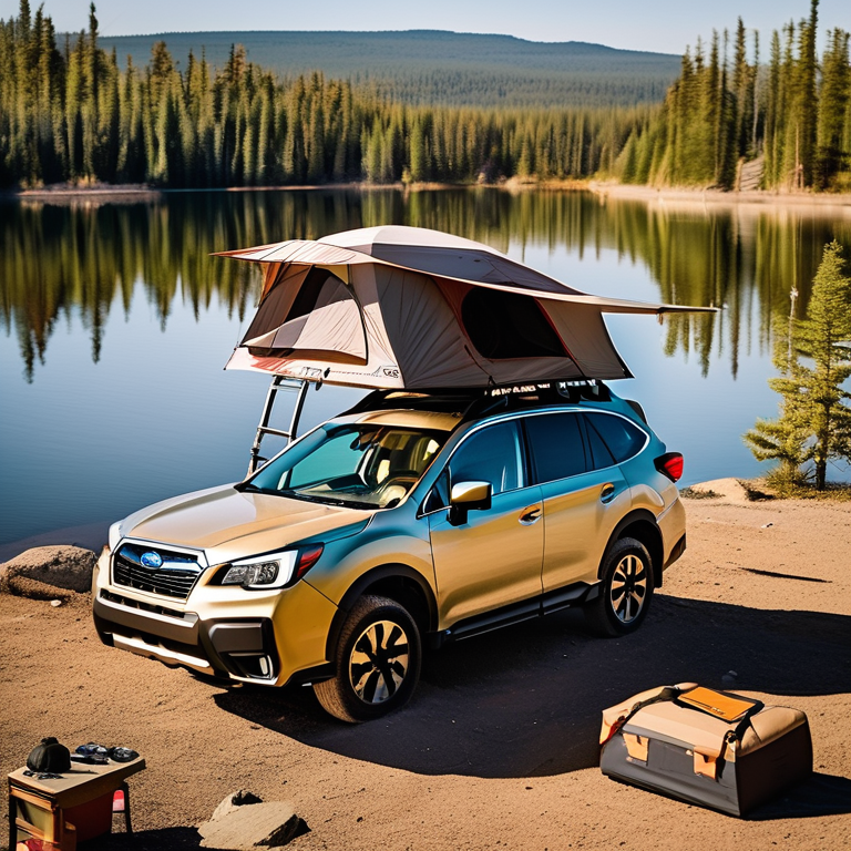 A colorful Subaru with its rooftop tent open rests beside a sunny lakeside campsite. A warm campfire, lantern, camping gear, and scattered stones sit on the rocky ground. The peaceful lake and bright day make the spot feel ready for adventure.
