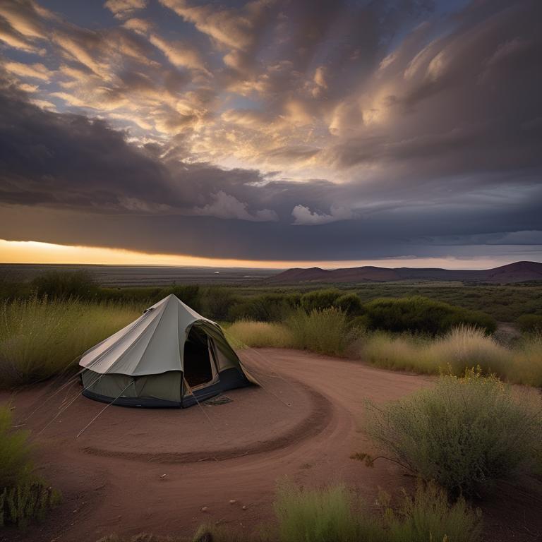A cozy tent sits on a dirt campsite beside a quiet river. Thick bushes, rolling hills, and a winding trail surround the spot under a stormy dusk sky.