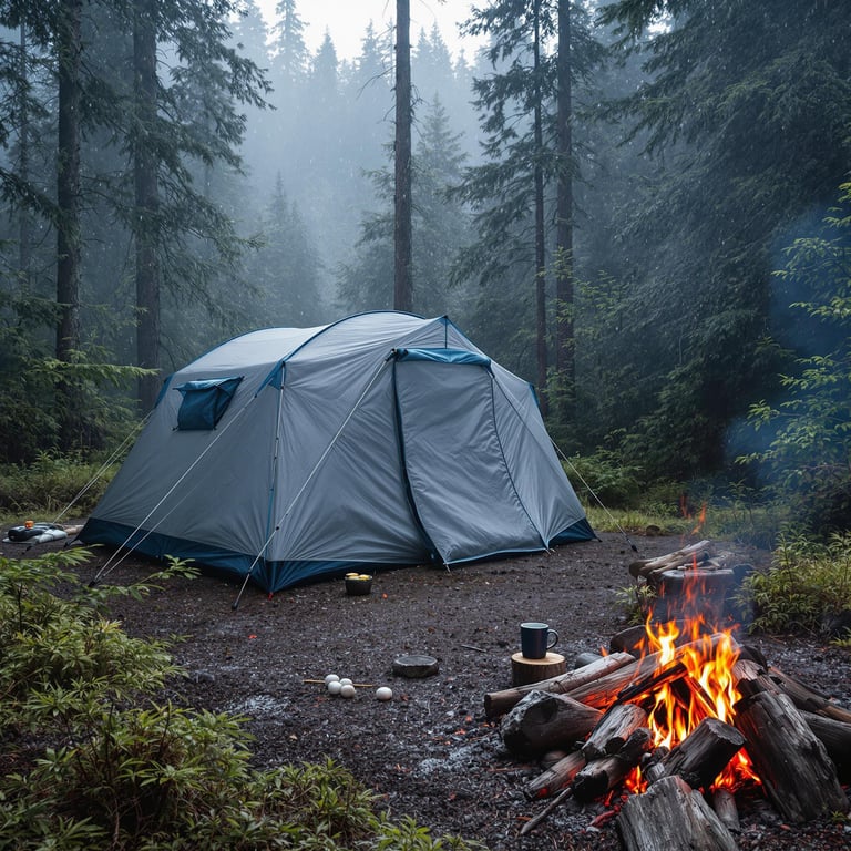 A gray-blue tarp shelter rests in the misty forest of Olympic National Park. Nearby, a small campfire warms a mug and roasting marshmallows, while a screened outdoor shower adds a cozy touch. Light sleet falls over the peaceful campsite.