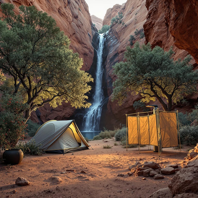 A cozy tent rests beneath tall trees in Red Rock Canyon, surrounded by dusty ground and berry bushes. A small outdoor shower stands nearby behind a privacy screen. Hazy golden light, dinosaur tracks, and a nearby waterfall make the campsite feel wild and magical.