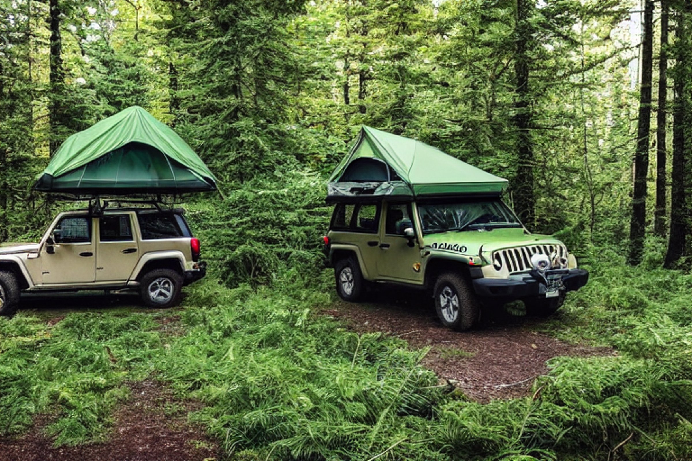 A green camo Jeep with a cozy rooftop tent rests in a sunny forest campsite. A small campfire sits on a dirt patch, with logs, ferns, and a lantern nearby. A clear stream winds through the peaceful camp.