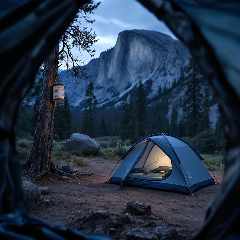 A cozy tent glows softly under a starlit sky, surrounded by towering trees and a majestic rocky mountain. The peaceful campsite whispers adventure as a gentle breeze rustles the trees. It’s a perfect spot to feel nature's hug and dream under the stars.