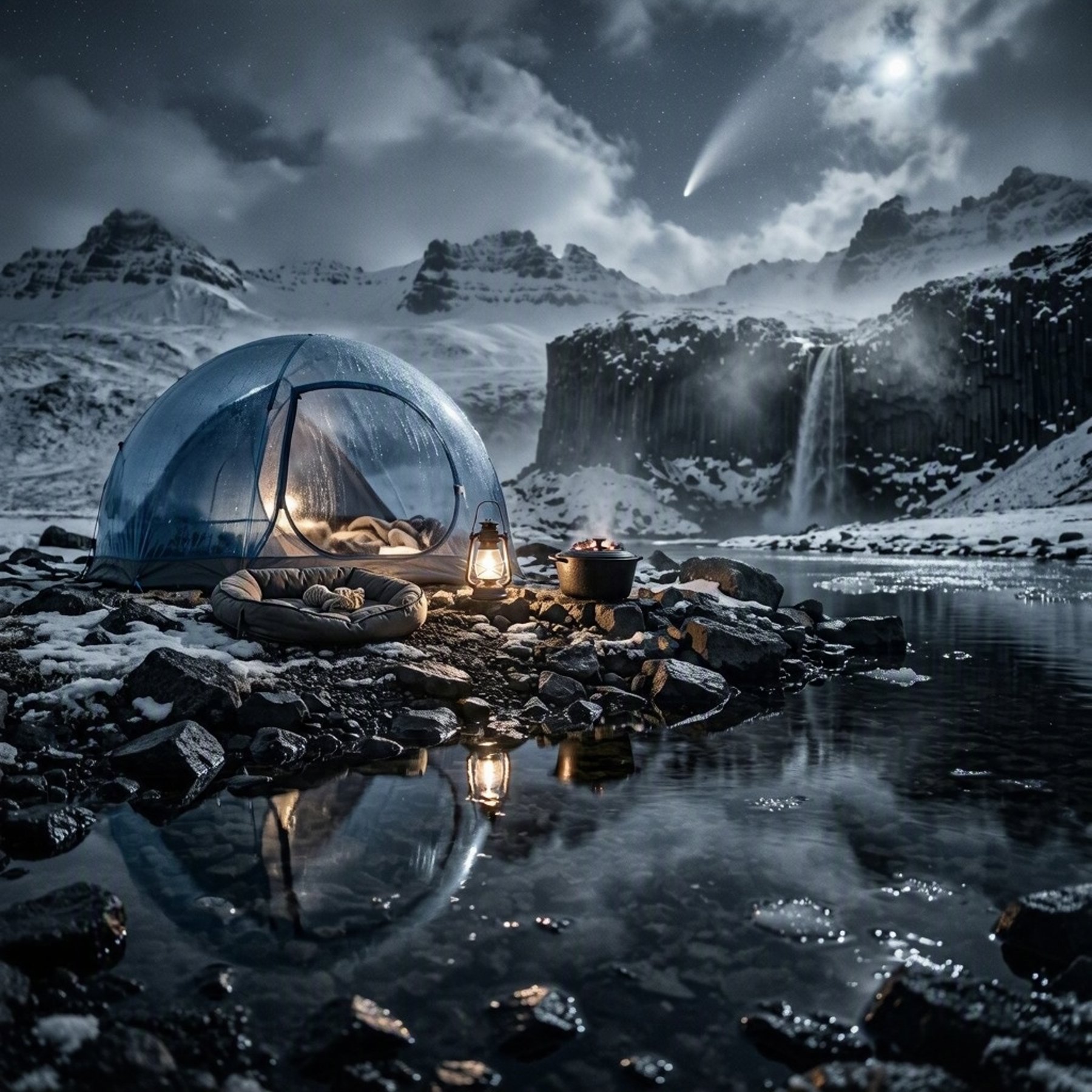 A quiet bubble tent sits beside a dark glacial pond in Iceland, surrounded by rocks and patches of snow. In the distance, Svartifoss falls over black basalt cliffs beneath a cloudy sky. A warm lantern glows near the tent, while a comet shines through the clouds.