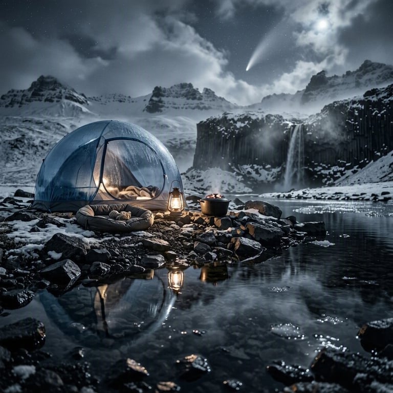 A quiet bubble tent sits beside a dark glacial pond in Iceland, surrounded by rocks and patches of snow. In the distance, Svartifoss falls over black basalt cliffs beneath a cloudy sky. A warm lantern glows near the tent, while a comet shines through the clouds.