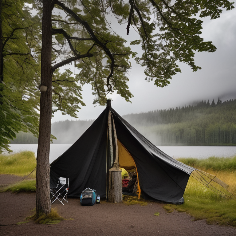 A black tent sits on a paved campsite beside a muddy dirt patch in rainy North Shore, Minnesota. Hikers relax in camping chairs while wet clothes hang on a nearby line, and a lantern glows on the ground.