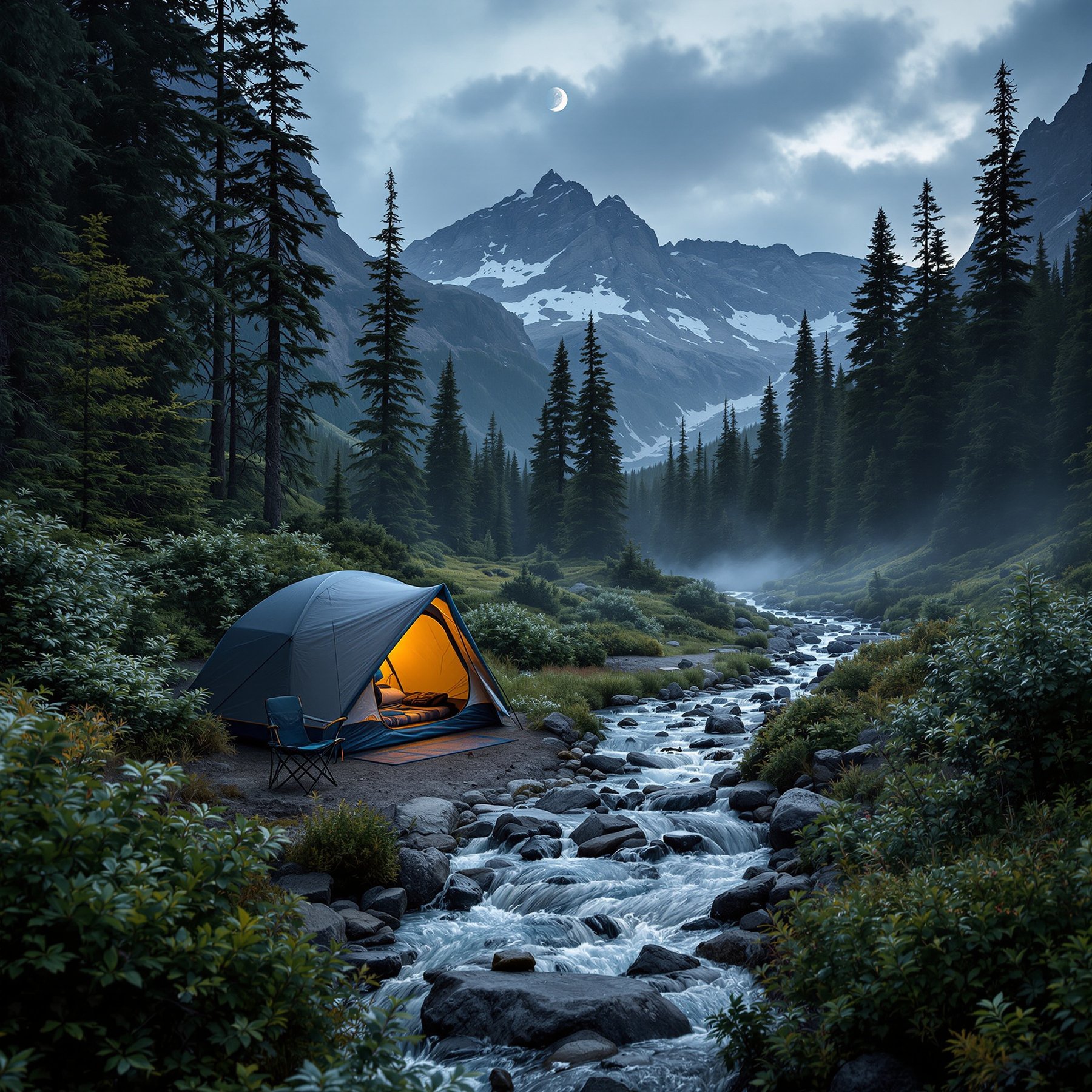 A cozy tent glows beside a rushing mountain stream, surrounded by tall pine trees and misty air. Snowy peaks rise in the background under a crescent moon. It’s a peaceful place to camp and listen to nature’s sounds.
