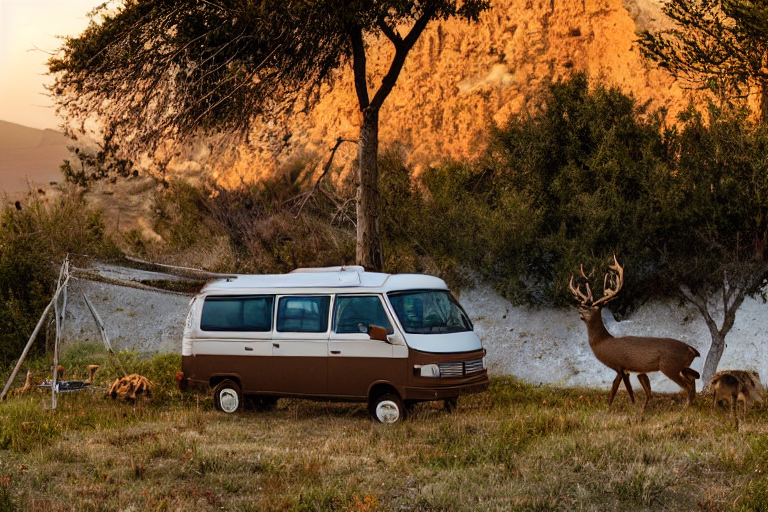 A brown campervan rests on a dirt campsite as the sun rises under stormy skies. Fall-colored trees, a clothesline, and a distant deer add charm, while a mountain rises in the background.