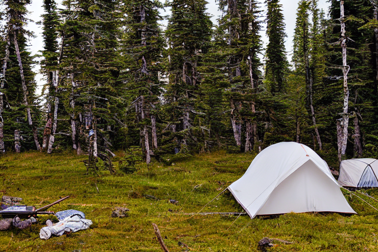 A white tent rests beside a warm campfire in the wild Alaska woods. Moss-covered trees and tall grass surround the dirt campsite, while clothes hang on a nearby line. Stormy clouds glow with sunset light overhead.