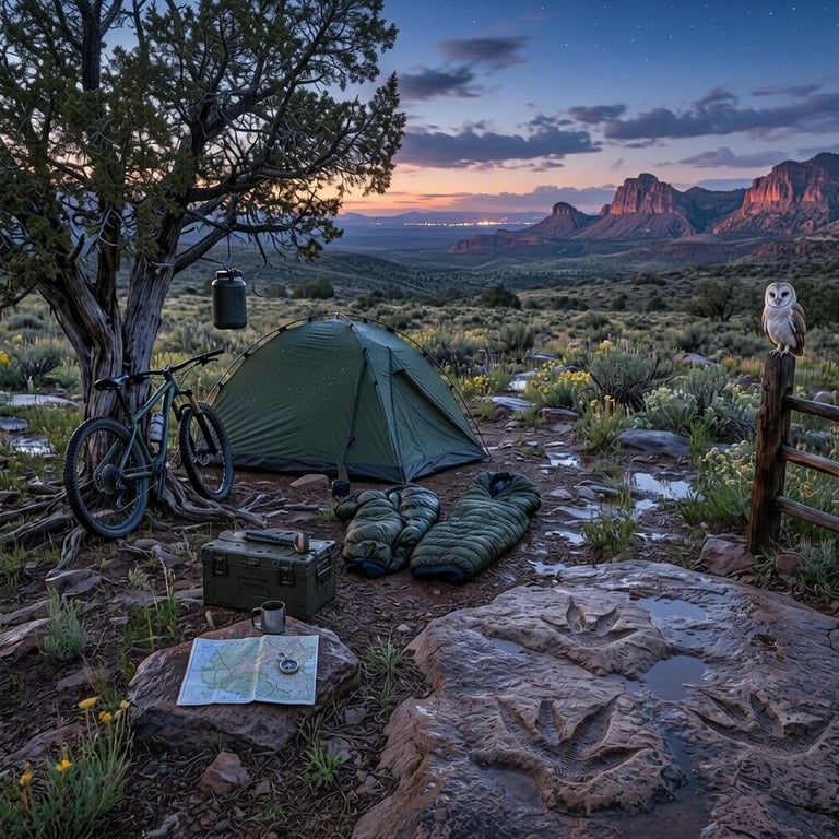 An empty campsite rests in a desert wildflower meadow beneath a shady juniper tree. A green tent, sleeping bags, bicycle, and camping gear sit quietly after the rain. Fossil dinosaur tracks mark the warm rocks, while a barn owl watches from a fence post and pink mountains glow in the distance.