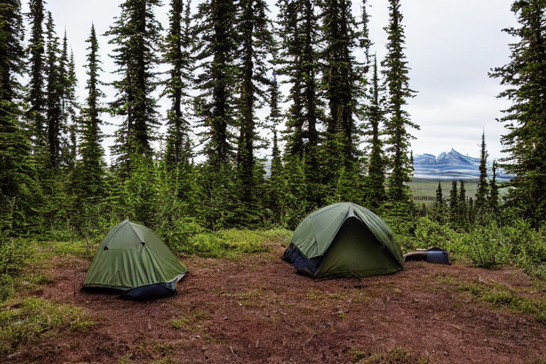 A green camo tent rests in the quiet Alaska wilderness beneath glowing northern lights and cloudy skies. A warm campfire flickers beside a hiking path, while deer wander in the distance.