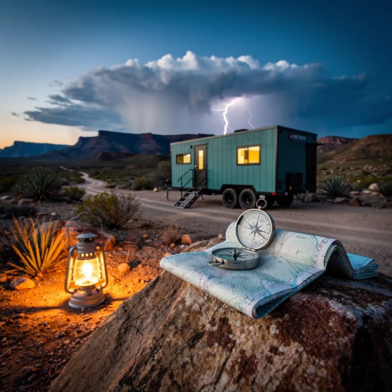 A teal tiny house sits on the desert ground as dusk turns the sky from gold to deep blue. A warm lantern glows beside a big rock, where a map and compass wait for the next hike. Far away, a storm flickers with lightning over the rolling hills, making the quiet campsite feel bold and wild.
