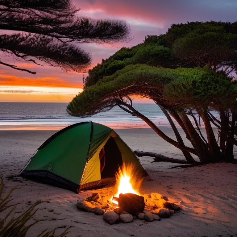A green tent rests on a snowy beach beside a warm campfire as the sun sets over the ocean. Ferns, berry bushes, and small trees surround the dirt campsite, with a backpack nearby.