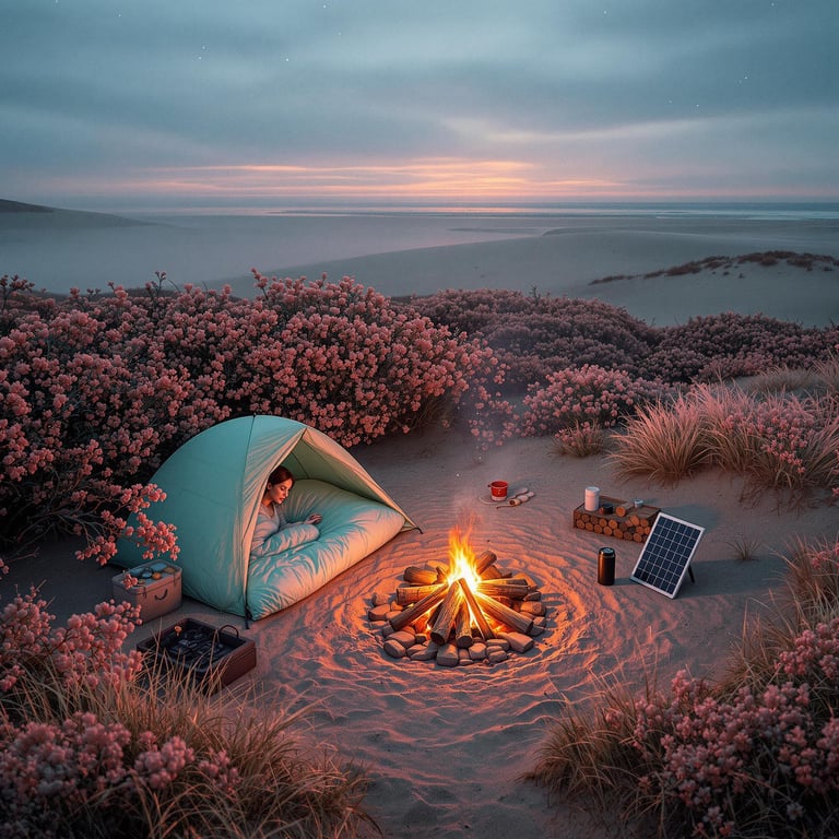 A mint-green sleeping bag rests in a coastal dune beneath a soft, cloudy sky. A small campfire, camping gear, and a solar panel make the peaceful campsite feel ready for adventure. Nearby, a berry-covered bush and dewy grass add a touch of wild beauty.