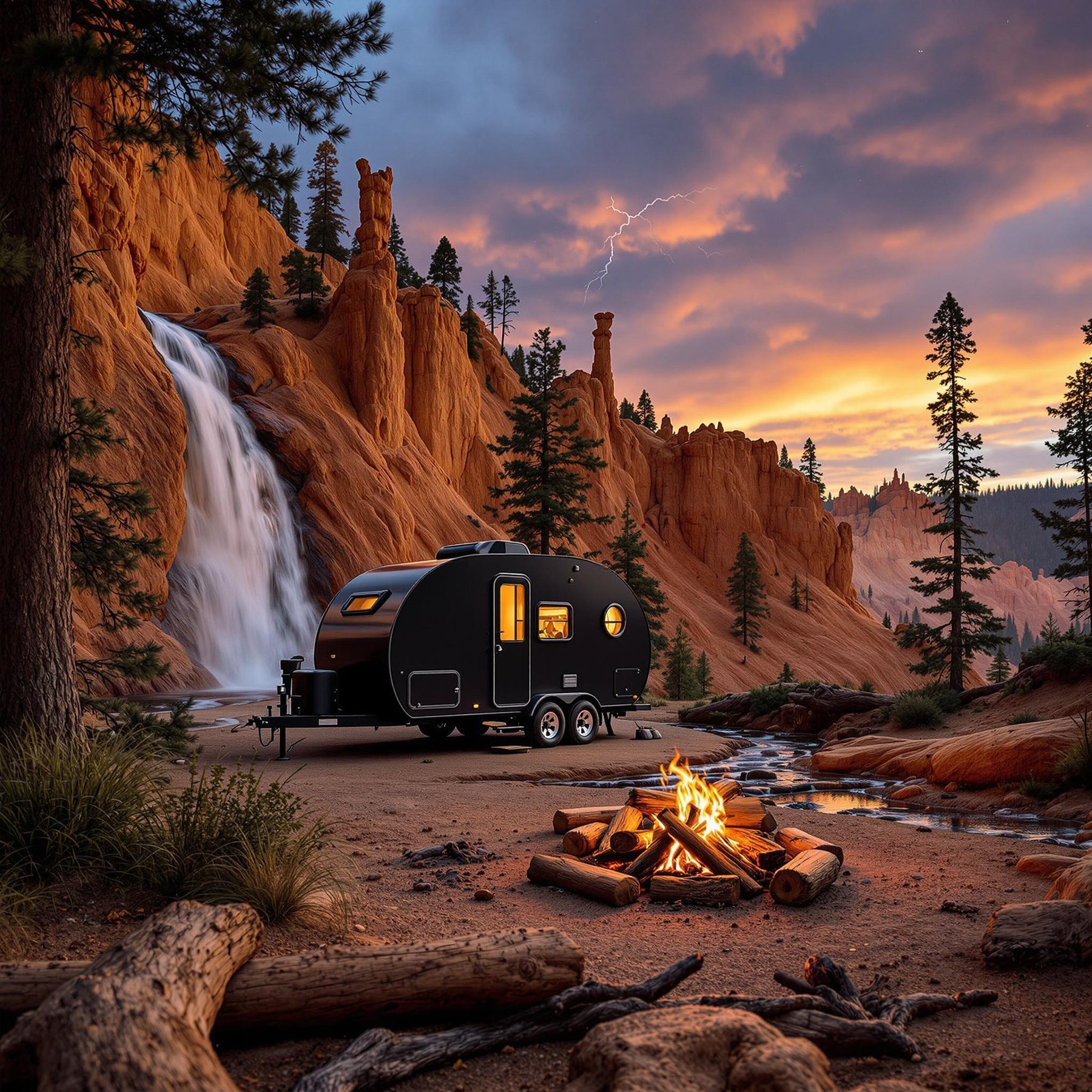 A black pop-up camper rests among the red cliffs of Bryce Canyon. A warm campfire glows beside a flowing stream, while a waterfall tumbles down the rocks. Lightning brightens the stormy sky in the distance.