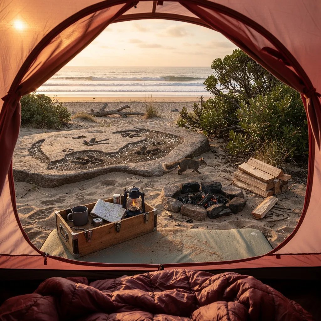 A dusty-rose tent sits on a sandy beach, glowing in the warm late-afternoon sun as waves whisper nearby. From inside a cozy sleeping bag, you can see a wooden gear box, a tidy stack of firewood, and a small stone fire ring. Rocks by the water hold faint dinosaur footprints, and a little squirrel darts across the sand by the dune bushes.