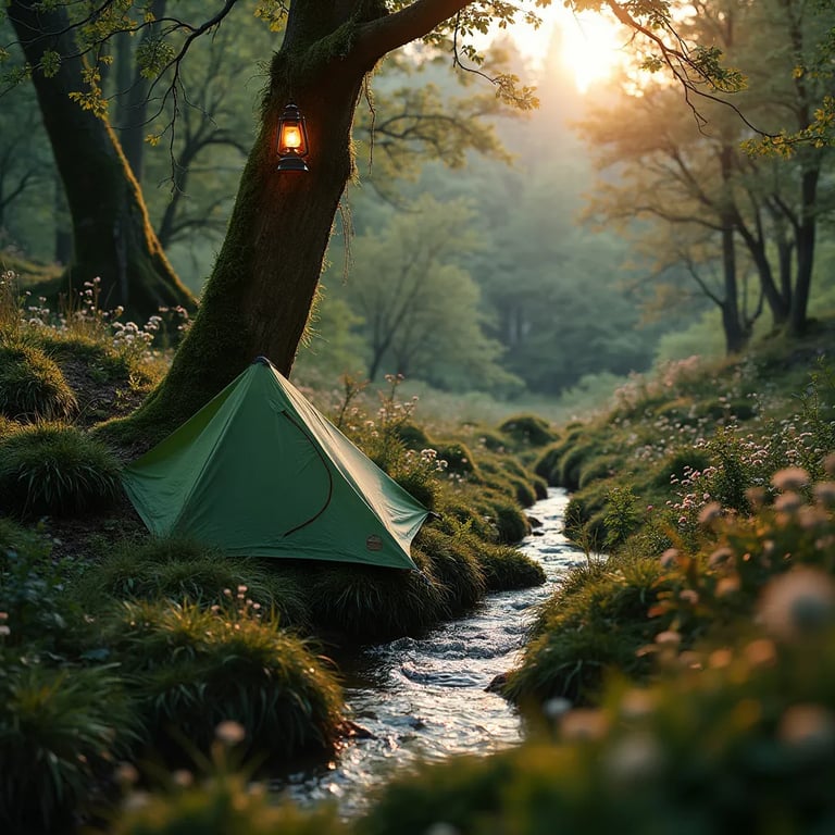 A green bivy sack rests among mossy trees and bright wildflowers in Plitvice Lakes National Park. A clear stream winds through the campsite, while a solar lantern hangs from a nearby branch. Soft golden light and cloudy skies create a peaceful forest mood.