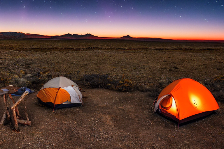 An orange tent rests on a quiet desert campsite beneath glowing green auroras. A warm campfire crackles on the dirt, with logs nearby and tall grass around the rough ground. Hikers enjoy the clear, peaceful night under the stars.