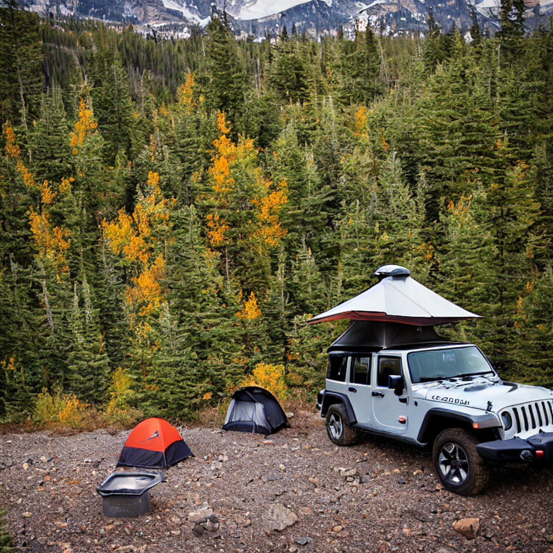 A Jeep with an open rooftop tent rests beside a cozy campfire in the Montana woods. Fall-colored trees, green ferns, and stone-covered ground surround the campsite, while a lantern glows nearby under the cloudy sunset sky.