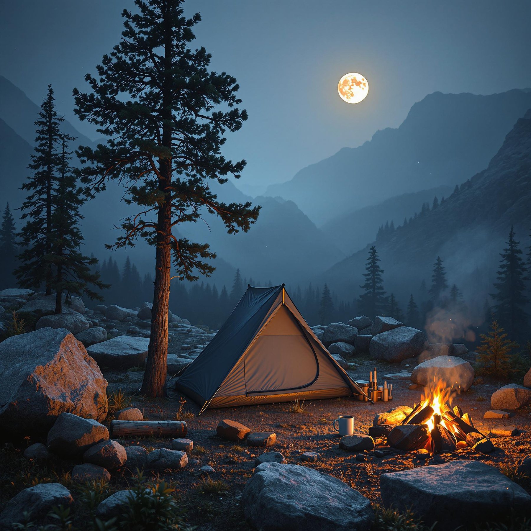 A gray-blue tree tent rests among rocky boulders in Glacier National Park. A full moon glows through the hazy night sky, while a small campfire warms a mug on a nearby log. From above, the campsite feels quiet, cozy, and dreamlike.