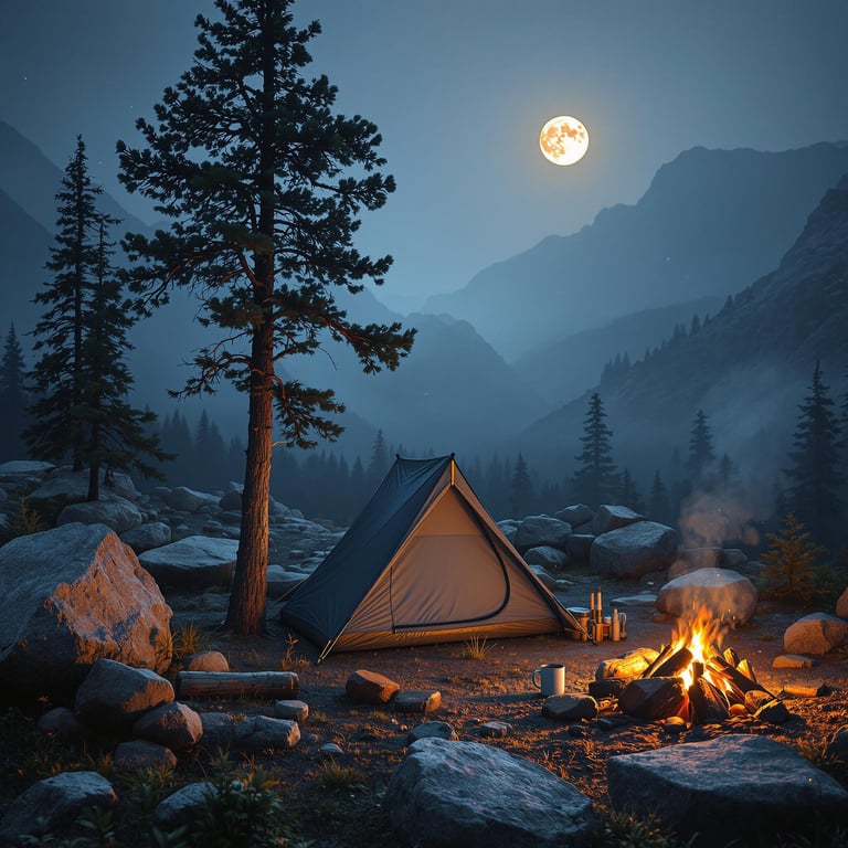 A gray-blue tree tent rests among rocky boulders in Glacier National Park. A full moon glows through the hazy night sky, while a small campfire warms a mug on a nearby log. From above, the campsite feels quiet, cozy, and dreamlike.
