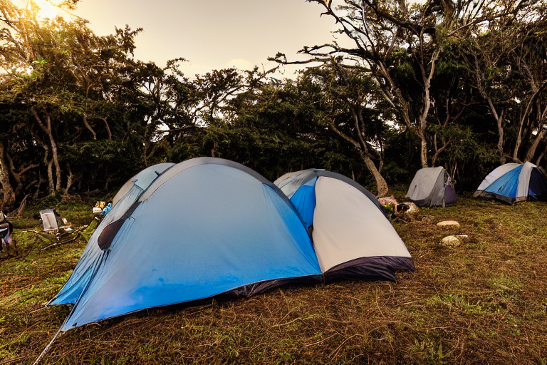 A blue and gray tent rests in an overgrown grassy campsite beside a warm campfire. Small trees, camping chairs, and a dirt patch surround the cozy spot, while surfers enjoy the snowy sunset nearby.