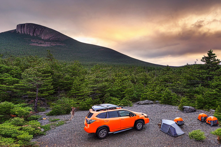 A gray and orange Subaru rests at a quiet campsite beneath tall trees in Acadia National Park. Its rooftop tent is open as soft golden light shines through the rainy air. A large rock, muddy ground, and a distant deer add to the peaceful wild setting.