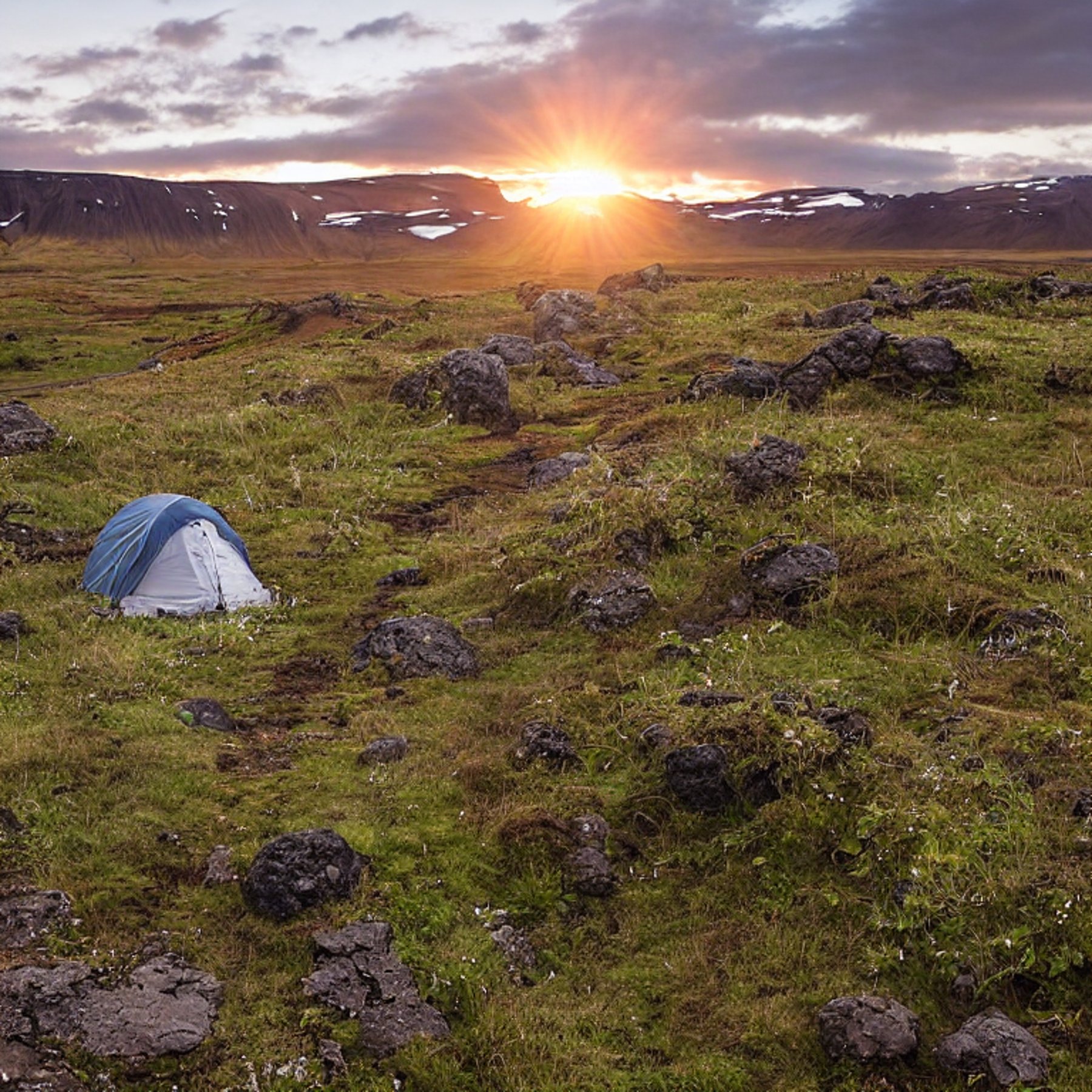 A white tent rests on a rocky campsite in Iceland as the sun sets. Ferns, bushes, and a backpack surround the dirt clearing, while the clear sky glows overhead.