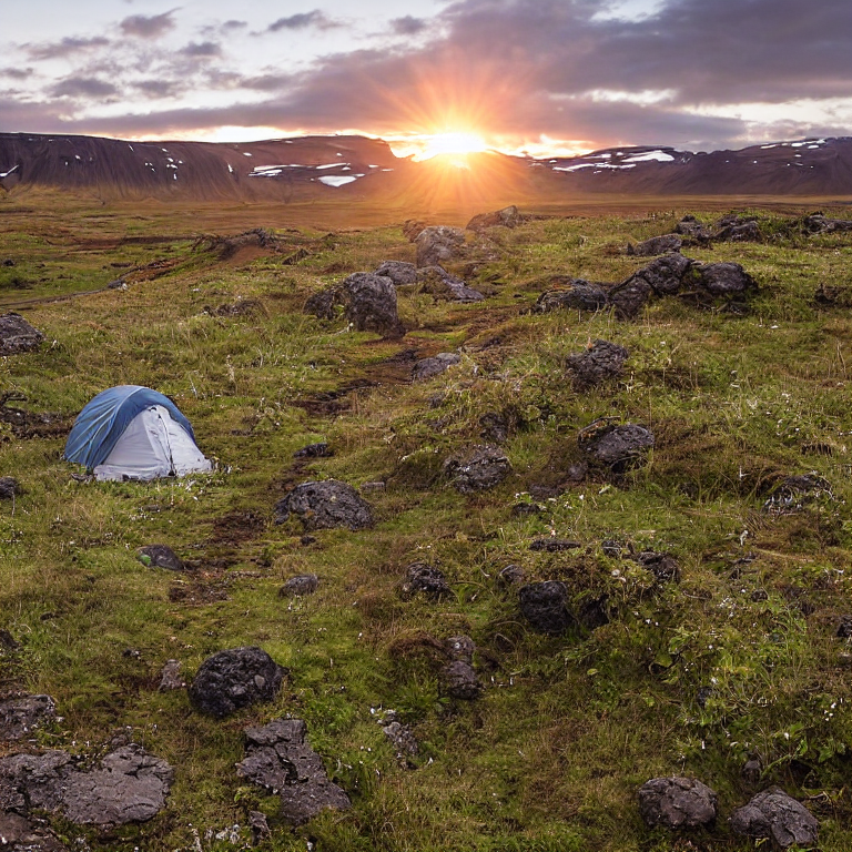 A white tent rests on a rocky campsite in Iceland as the sun sets. Ferns, bushes, and a backpack surround the dirt clearing, while the clear sky glows overhead.