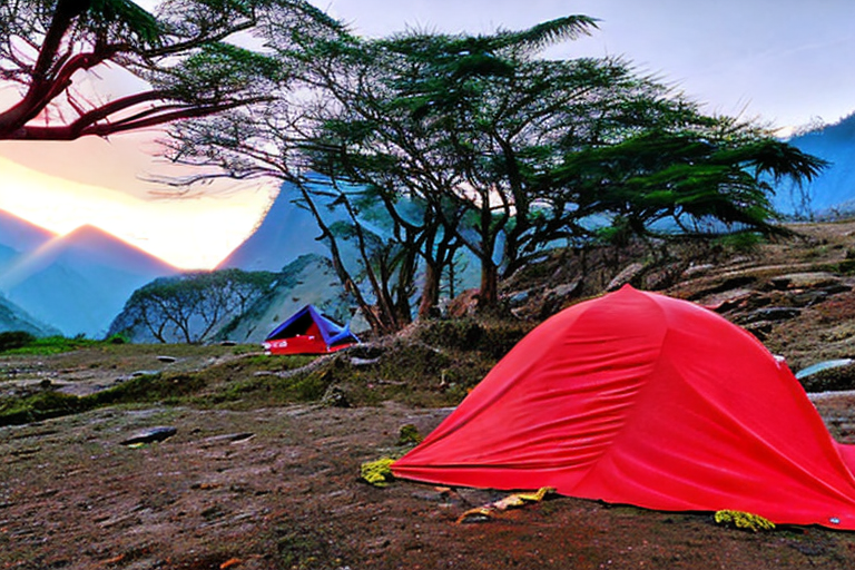 A bright red tent rests on a paved campsite in a quiet mountain valley. Mossy trees, snowy peaks, and a small dirt patch surround the camp, while clothes sway on a nearby line in the cool sunset air.