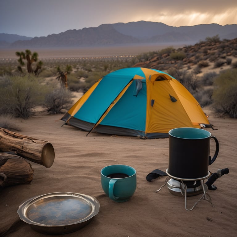 A bright turquoise tent rests among the rocky hills of Joshua Tree beneath a misty, stormy sky. A small campfire warms a mug on a nearby log, while a delicate spider web glistens between the trees.