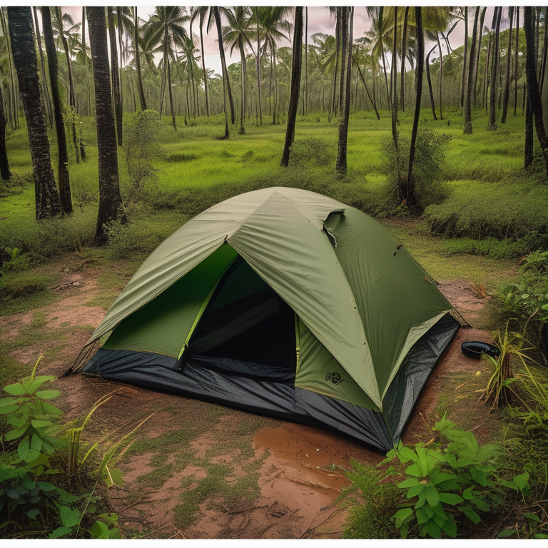 A forest-green tent rests on a rocky dirt patch, surrounded by tall grass and mossy trees. Soft sunset light shines through the rainy woods, creating a calm, wild feeling.