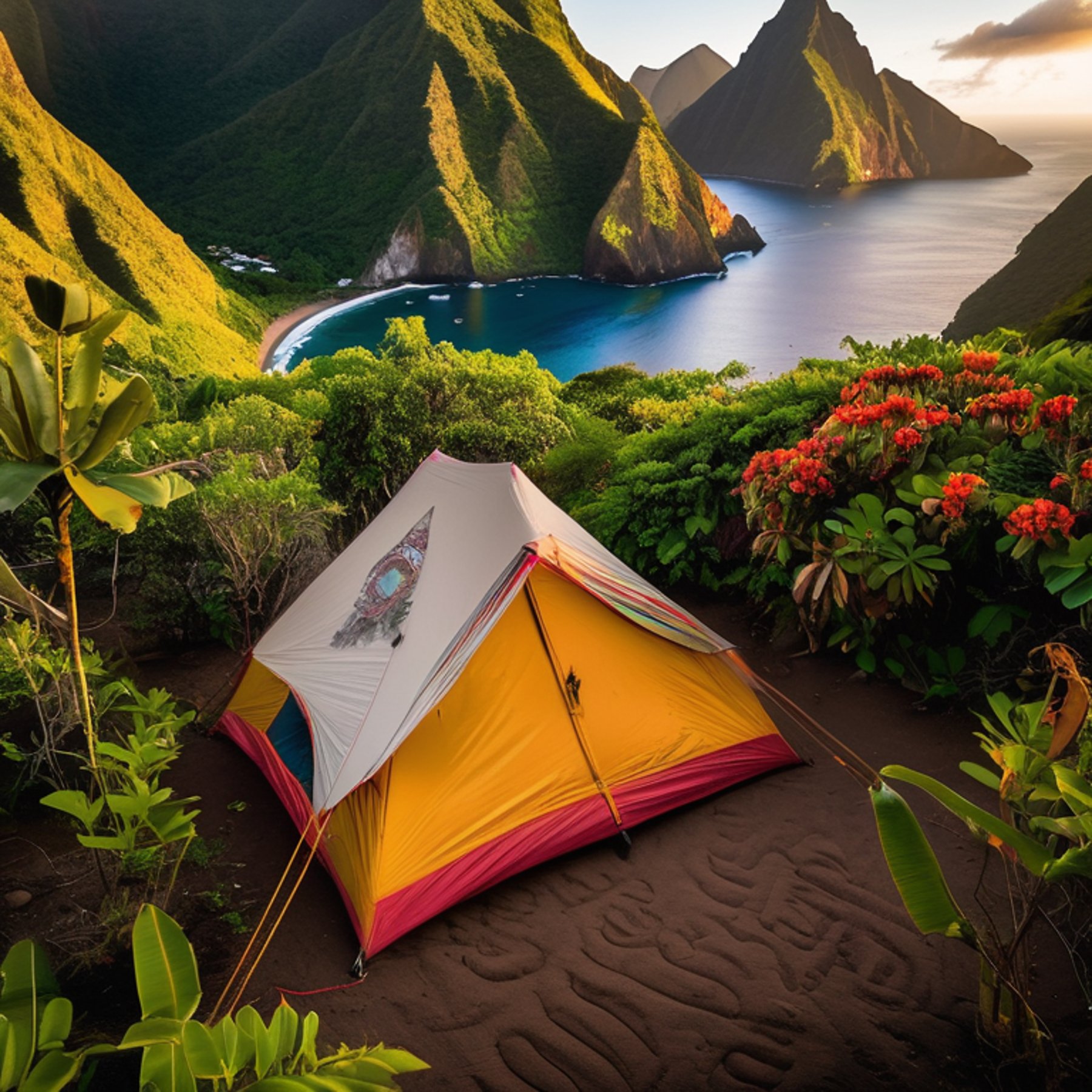 A colorful two-person tent rests on a sunny dirt clearing, surrounded by lush bushes and bright flowers. In the distance, surfers enjoy the water beneath a beautiful mountain glowing in the golden light.