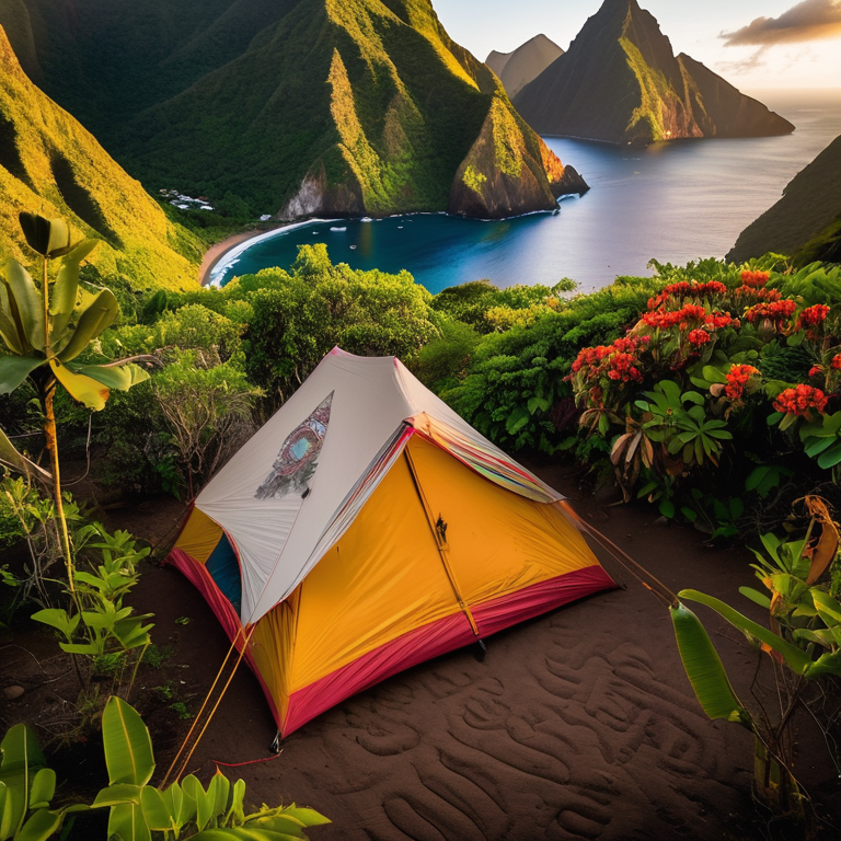 A colorful two-person tent rests on a sunny dirt clearing, surrounded by lush bushes and bright flowers. In the distance, surfers enjoy the water beneath a beautiful mountain glowing in the golden light.