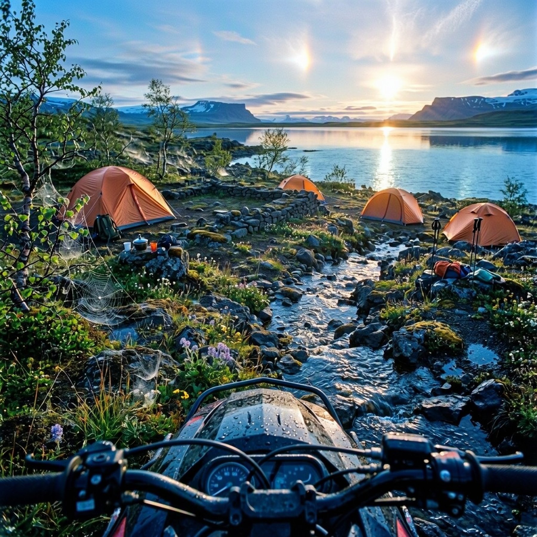 Copper-colored tents rest on rough volcanic ground beside the calm lake. A narrow stream winds through the camp, with birch trees, wildflowers, and ancient stone ruins nearby. The low midnight sun casts long shadows and gives the quiet scene a cool, magical glow.