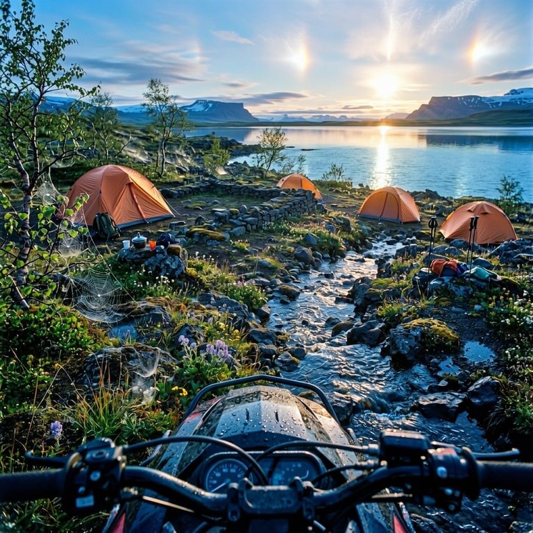 Copper-colored tents rest on rough volcanic ground beside the calm lake. A narrow stream winds through the camp, with birch trees, wildflowers, and ancient stone ruins nearby. The low midnight sun casts long shadows and gives the quiet scene a cool, magical glow.
