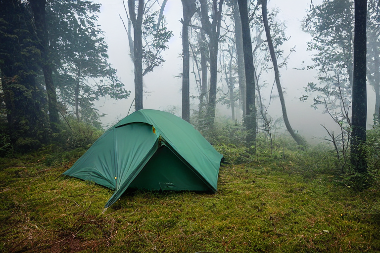 A forest green tent rests among tall trees and rocky ground in the Smoky Mountains. Fog drifts through the overgrown grass, creating a quiet nighttime mood. Camping chairs and a small stove sit nearby, ready for a cozy evening outdoors.
