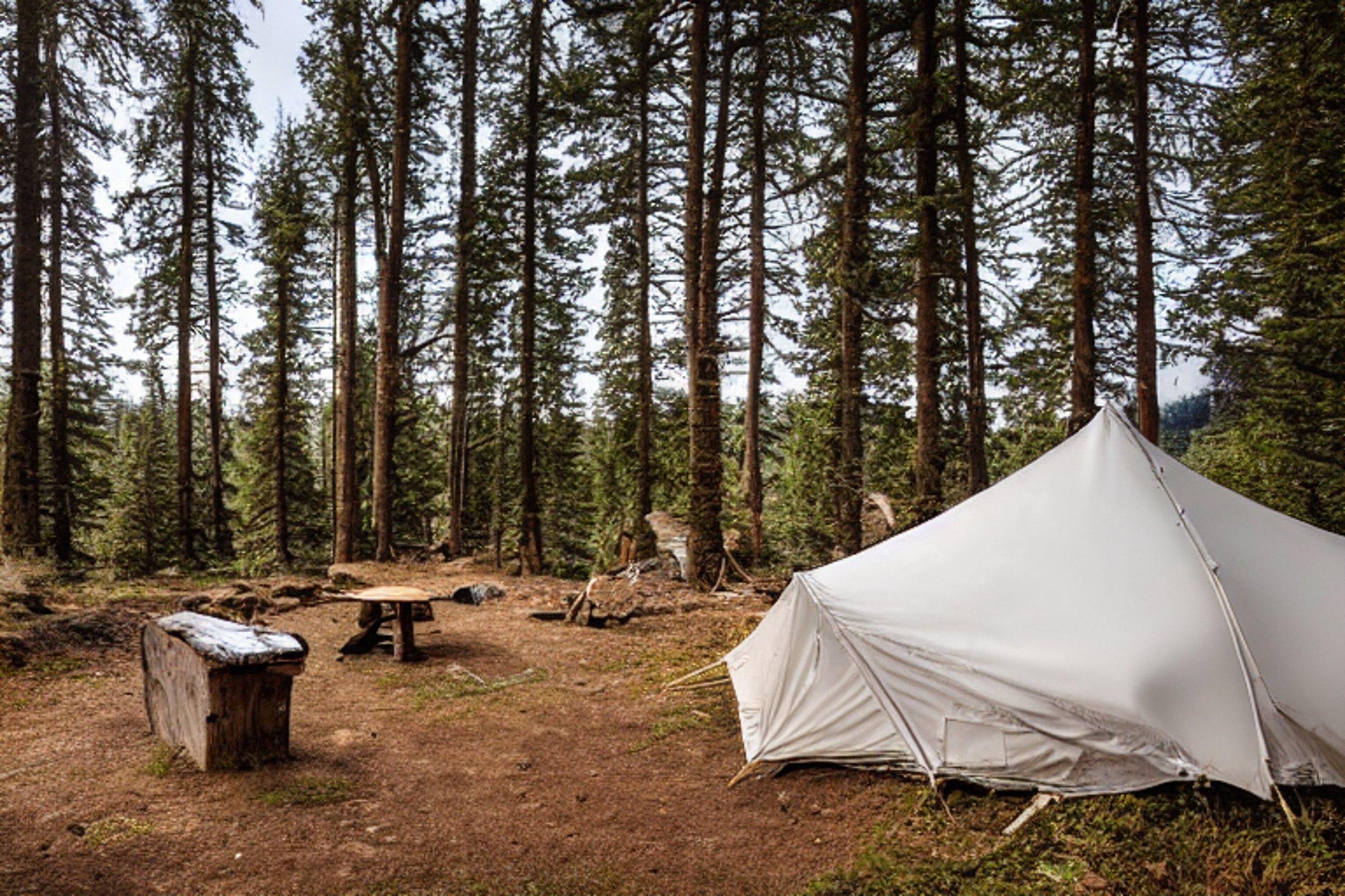 A white tent rests on a rocky dirt campsite in a quiet forest. Soft sunrise light shines through the snowy trees, with a picnic table and parking spot nearby. A small twig lies across the ground.