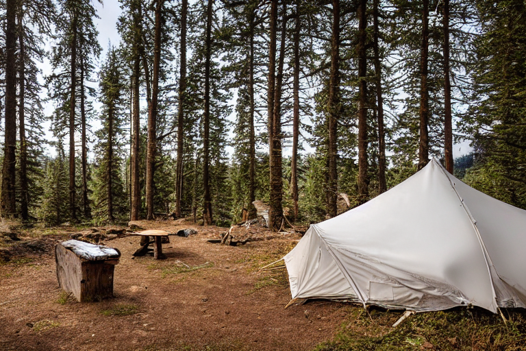 A white tent rests on a rocky dirt campsite in a quiet forest. Soft sunrise light shines through the snowy trees, with a picnic table and parking spot nearby. A small twig lies across the ground.